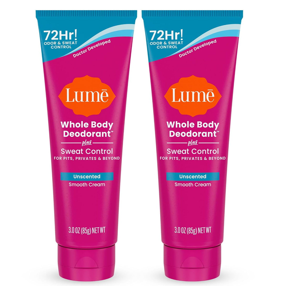 Lume Whole Body Deodorant Plus Sweat Control - Smooth Cream Tube - 72 Hour Odor And Sweat Control - Baking Soda Free. Skin Loving - 3.0 ounce (Pack of 2) (Unscented)