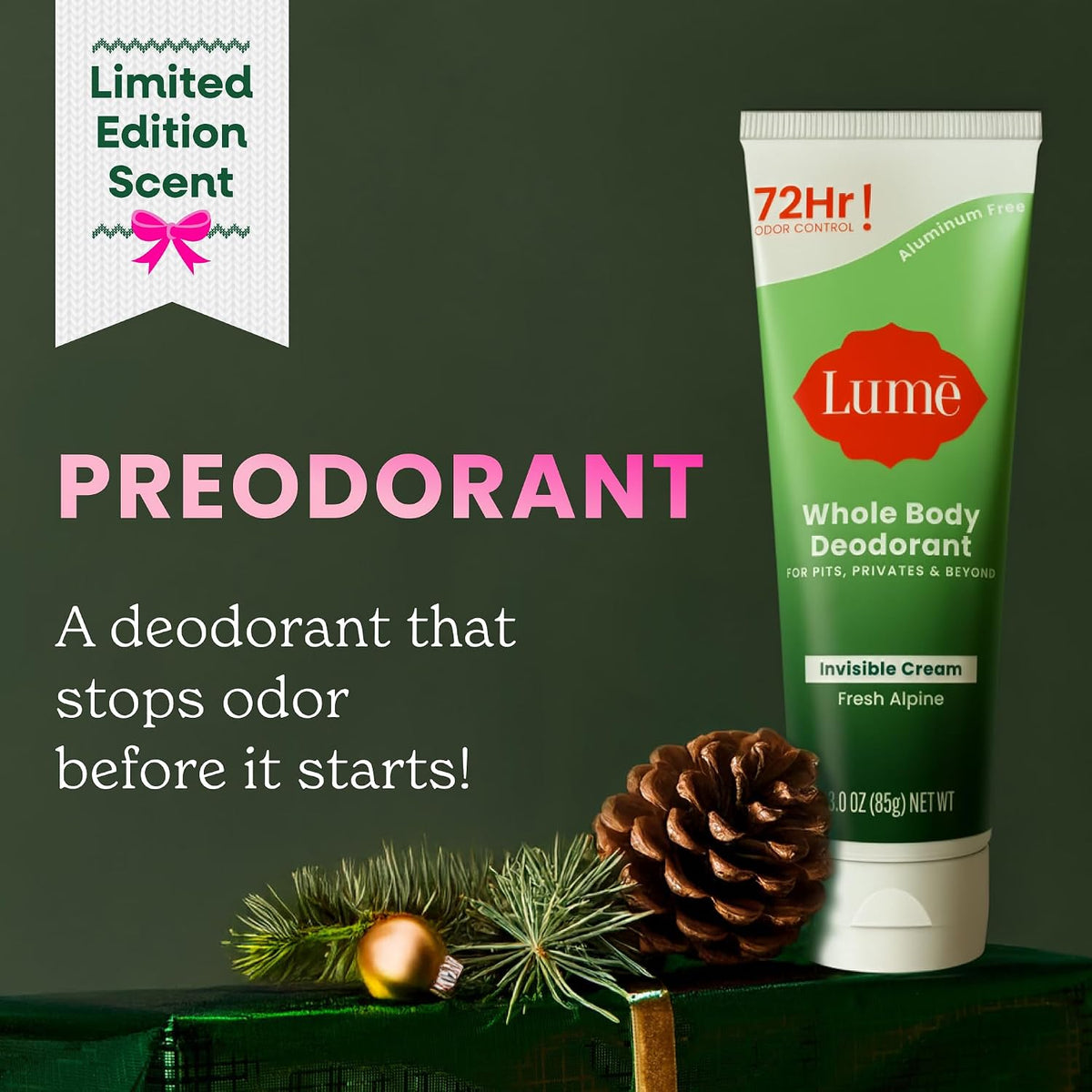 Lume Whole Body Deodorant - Invisible Cream Tube - 72 Hour Odor Control - Doctor Developed - Aluminum Free. Baking Soda Free and Skin Loving - 3.0 Ounce. (Pack of 2) (Fresh Alpine)
